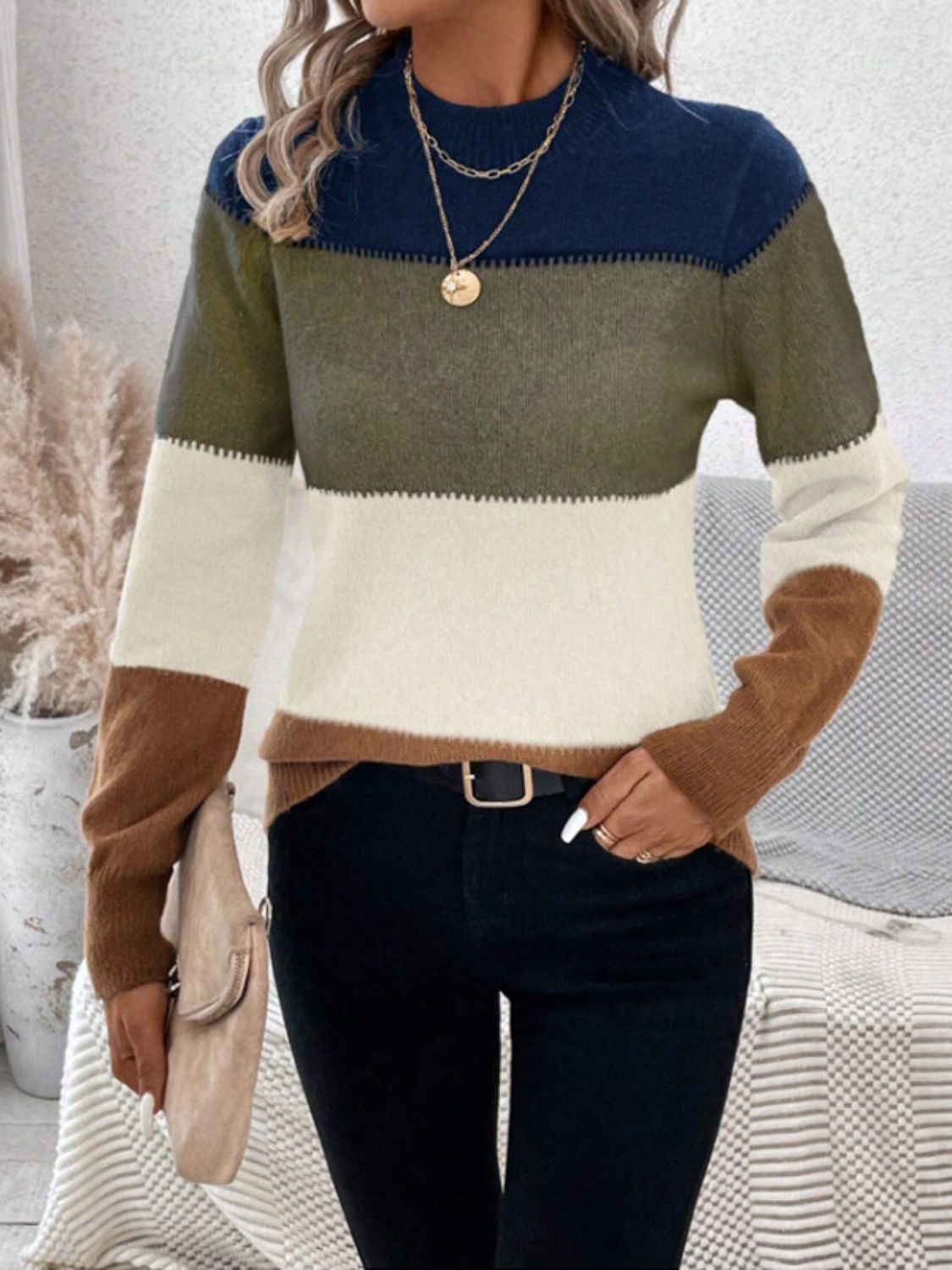 Color Block Mock Neck Sweater