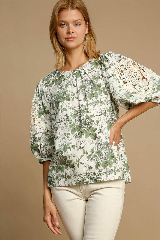 Umgee Floral Pleated Detail Lace Trim Blouse
