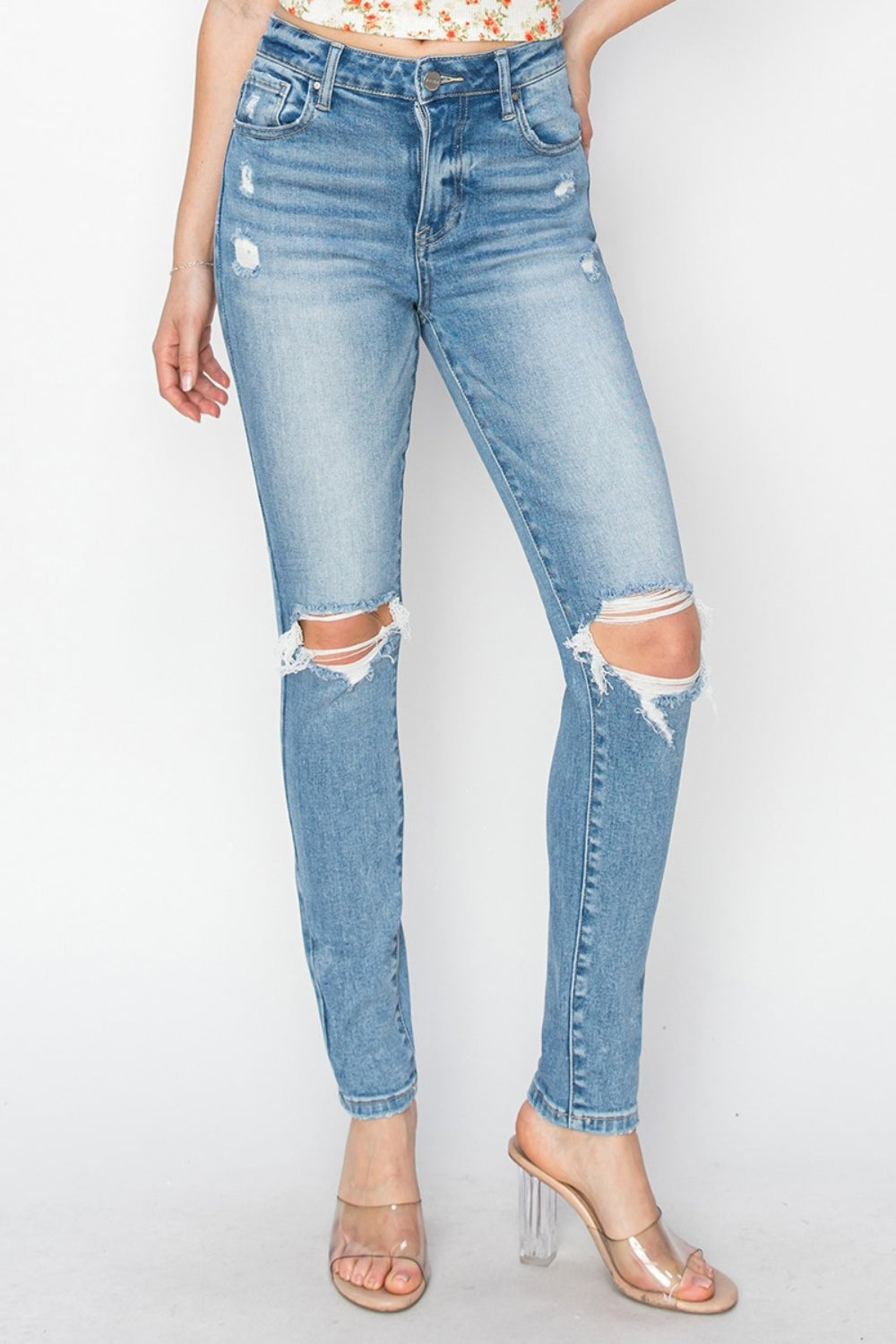 Risen High Rise Knee Distressed Skinny Jeans