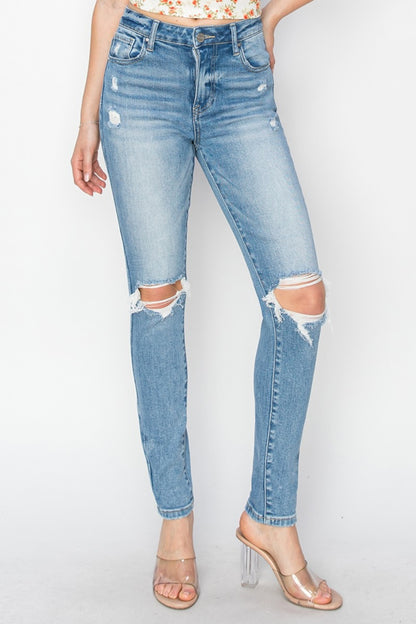 Risen High Rise Knee Distressed Skinny Jeans