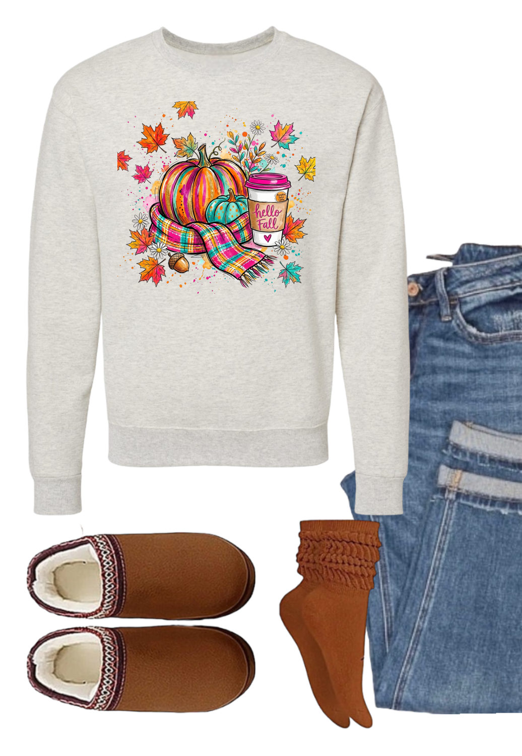 Colorful Hello Fall Graphic Crewneck Sweatshirt