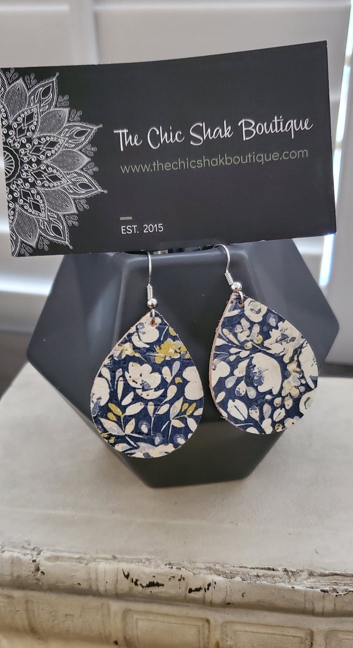 Navy Floral Cork/Leather Earrings