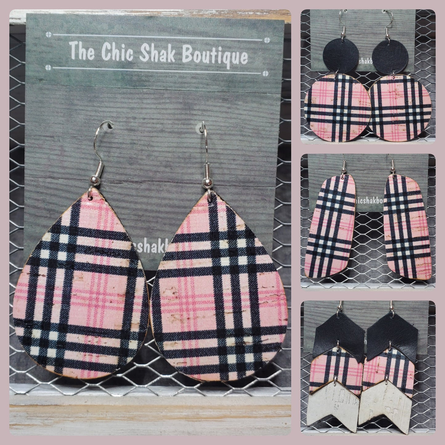 Black & Pink Plaid Cork/Leather Earrings