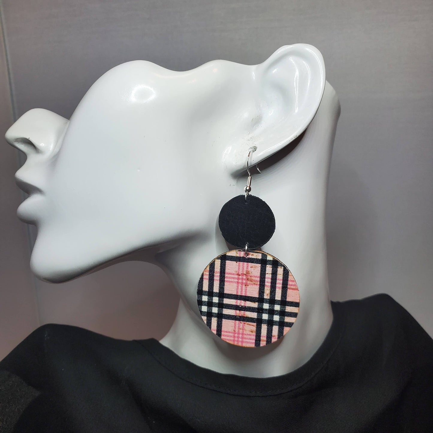 Black & Pink Plaid Cork/Leather Earrings