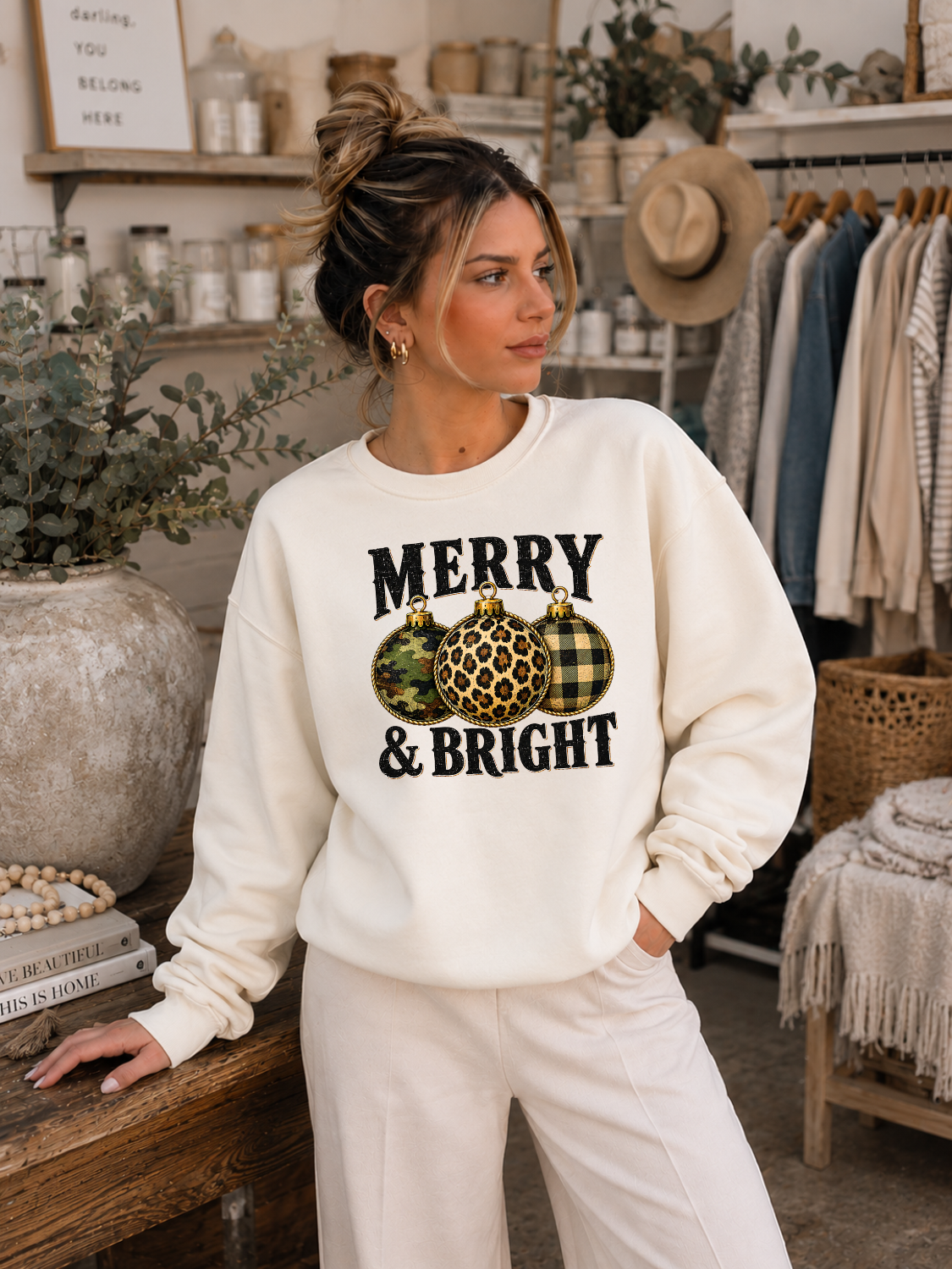 Merry & Bright Camo Leopard Check Bulbs Graphic Sweatshirt
