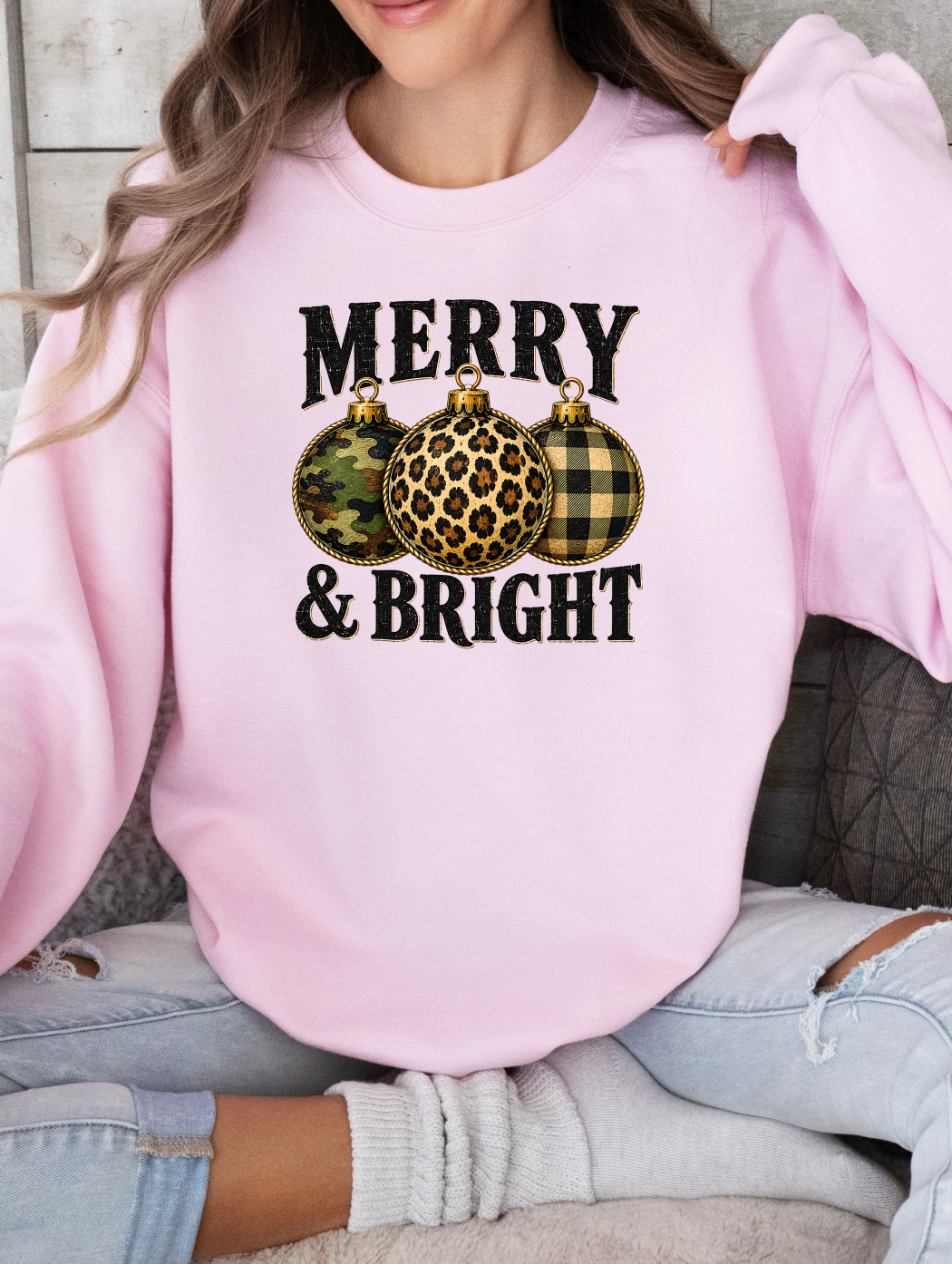 Merry & Bright Camo Leopard Check Bulbs Graphic Sweatshirt