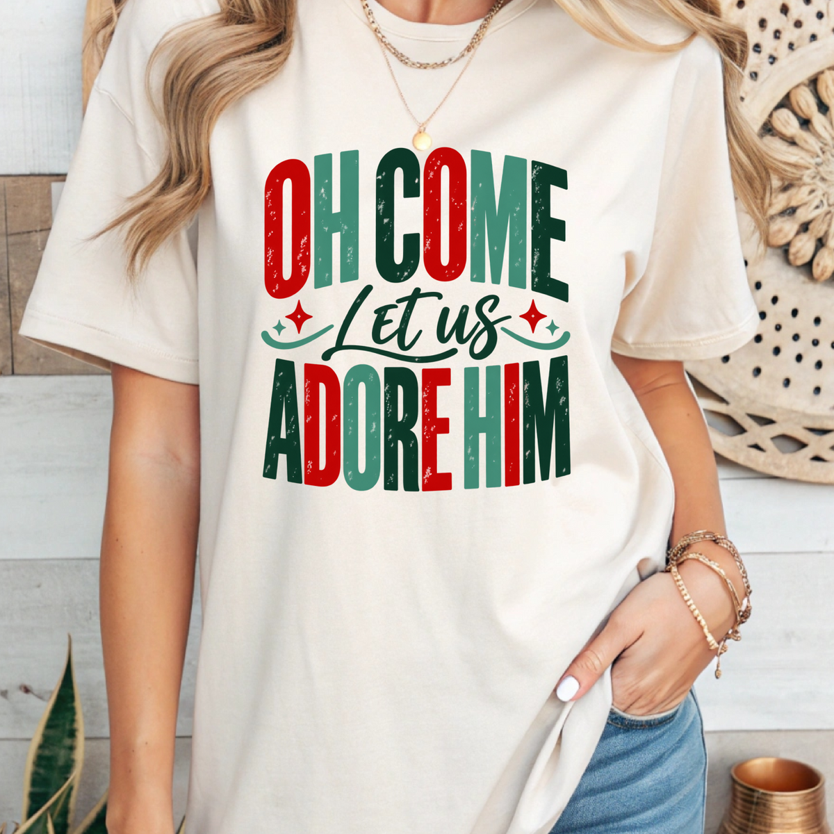 Colorful Oh Come Let Us Adore Him Bella Canvas Graphic Tee