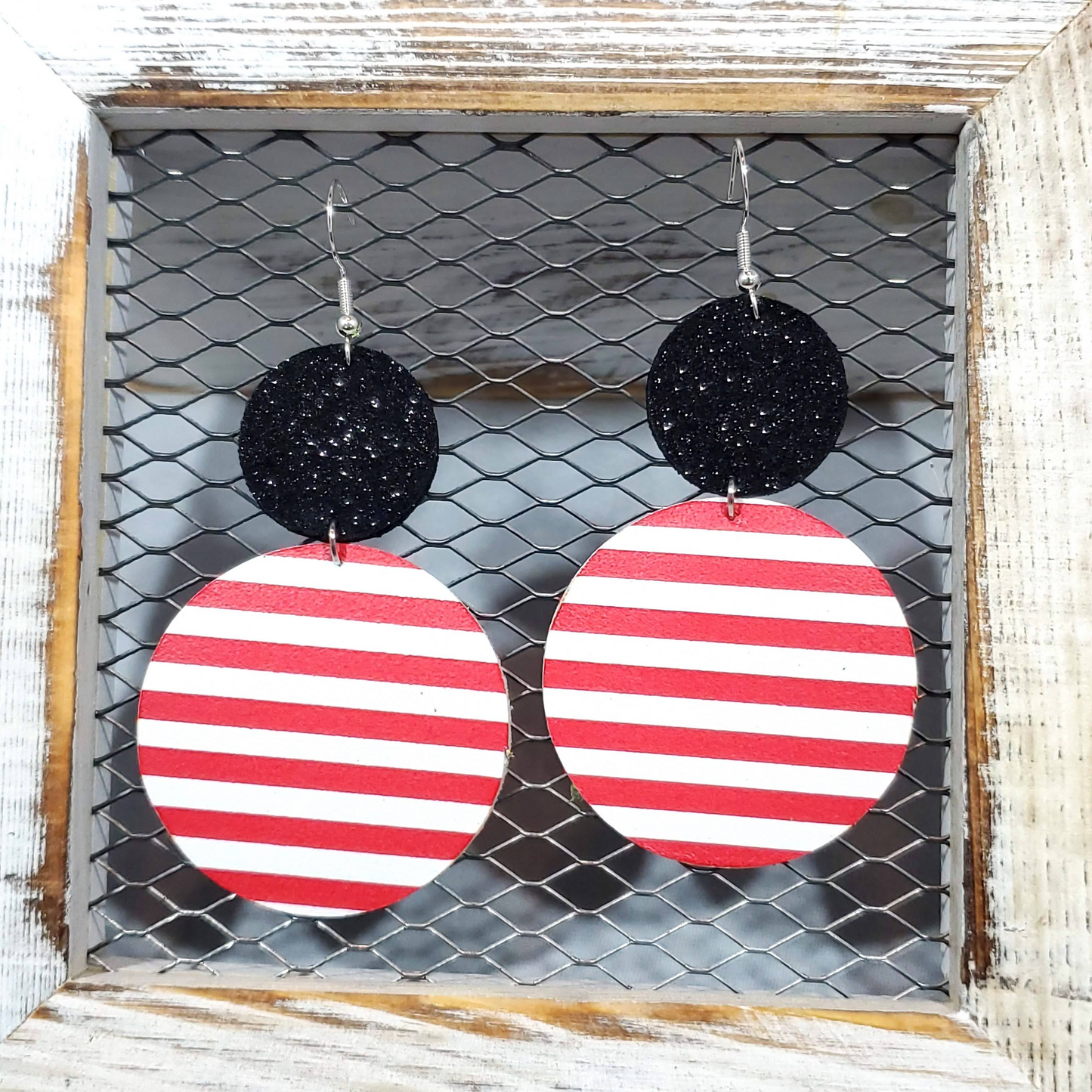 Red/White Stripe Leather Earrings