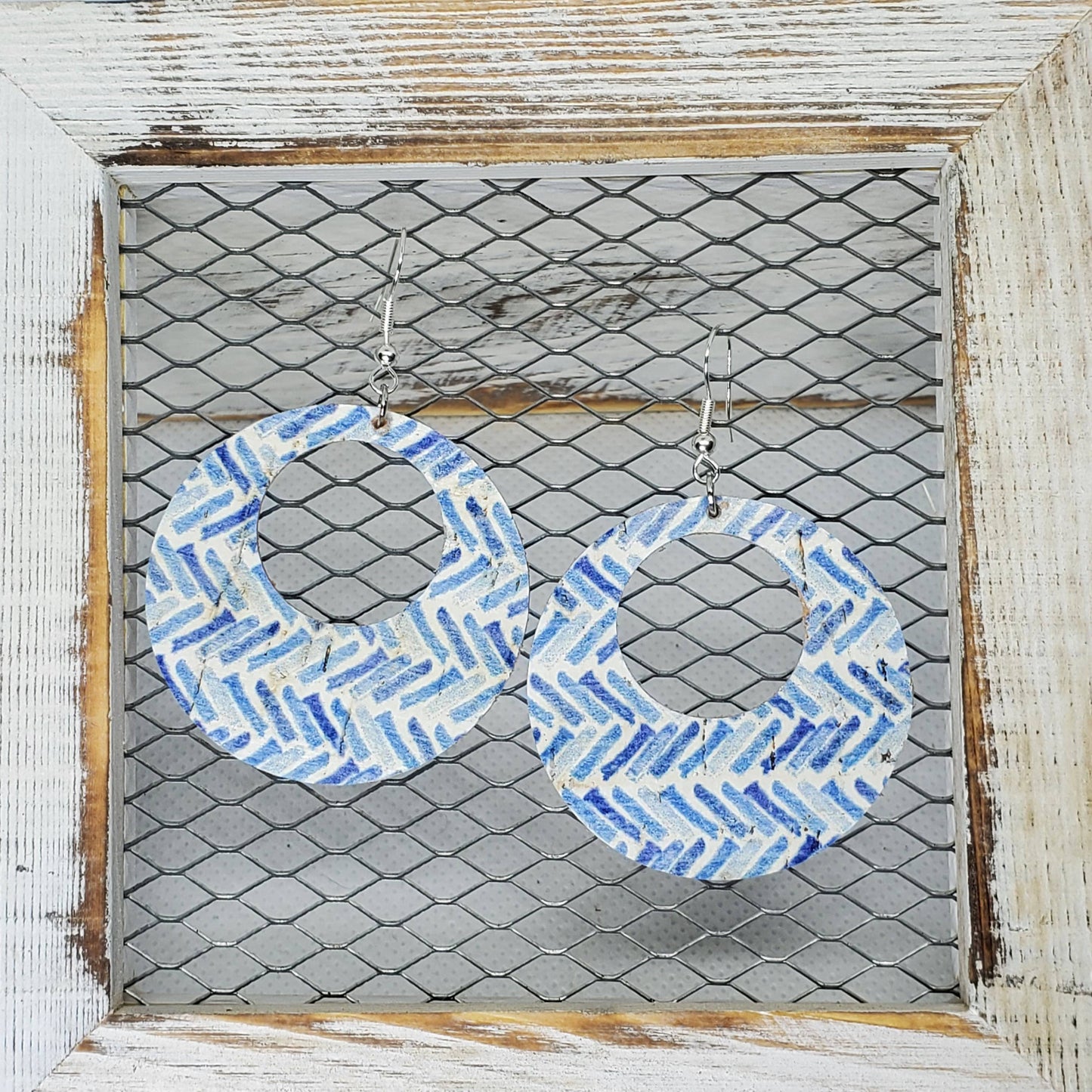 Blue Broken Chevron Cork/Leather Earrings