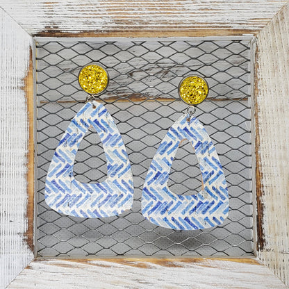 Blue Broken Chevron Cork/Leather Earrings