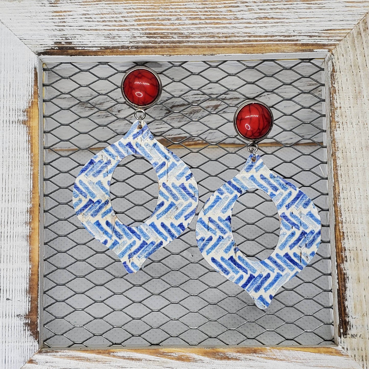 Blue Broken Chevron Cork/Leather Earrings