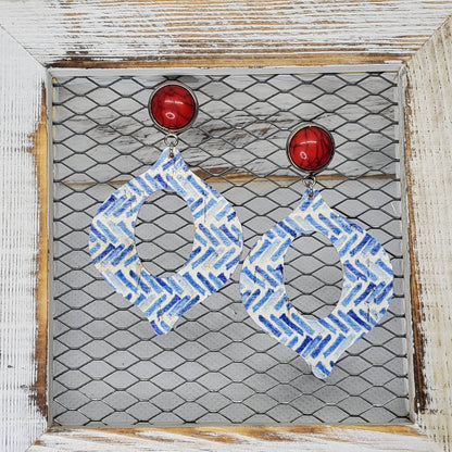 Blue Broken Chevron Cork/Leather Earrings