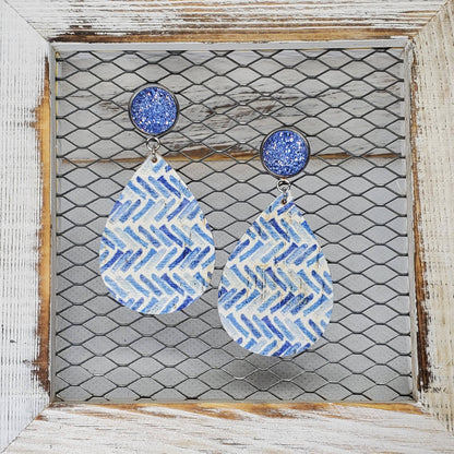 Blue Broken Chevron Cork/Leather Earrings