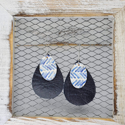 Blue Broken Chevron Cork/Leather Earrings