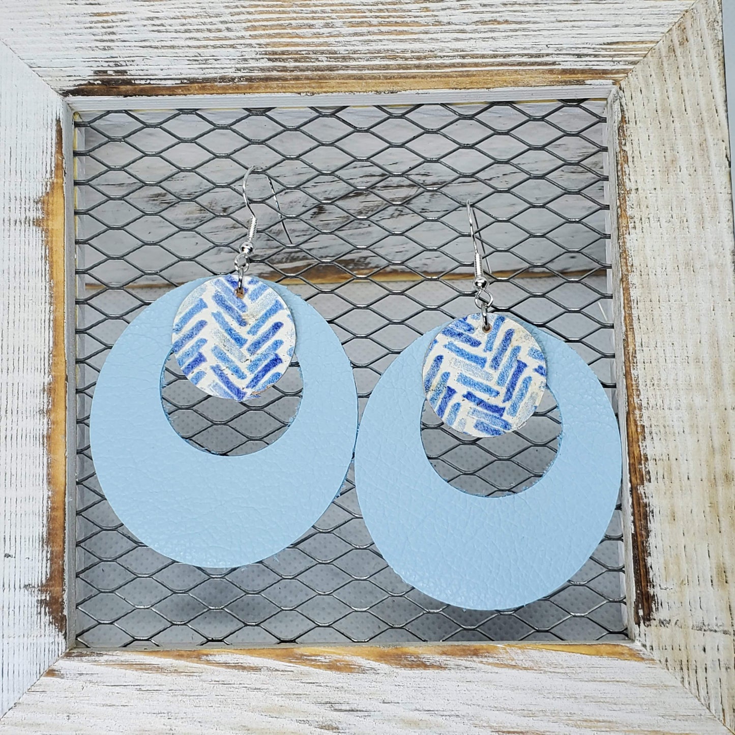 Blue Broken Chevron Cork/Leather Earrings