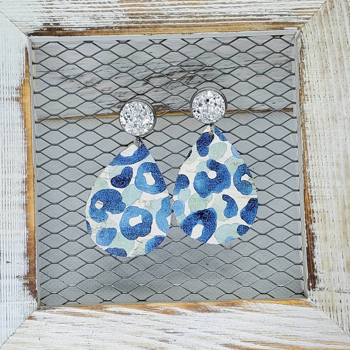 Blue Leopard Cork/Leather Earrings