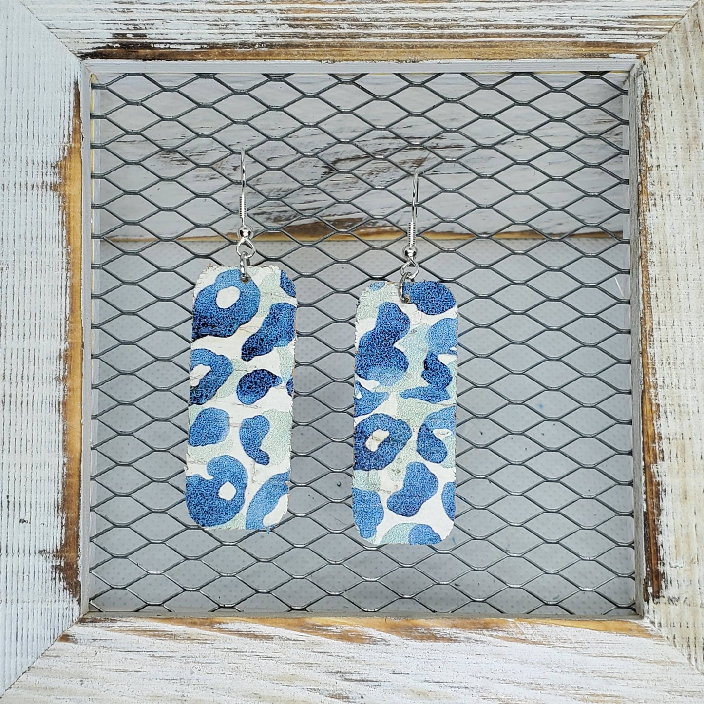 Blue Leopard Cork/Leather Earrings