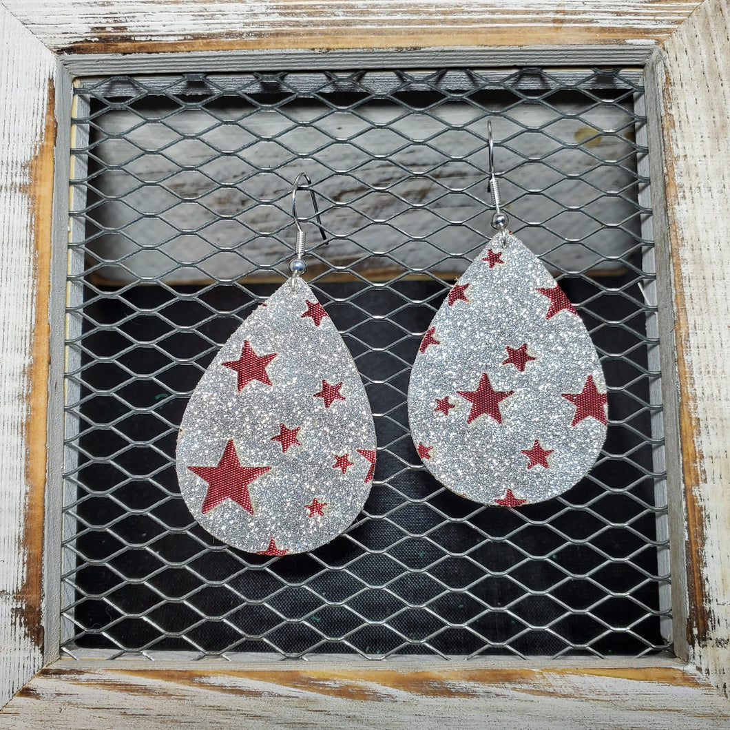 Red Stars & Silver Glitter Leather Earrings