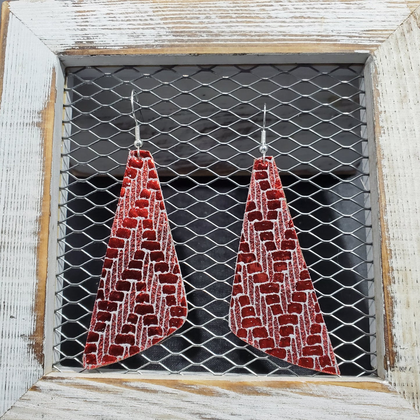 Chevron Metallic Red with Grey Leather Earrings