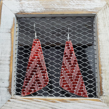 Chevron Metallic Red with Grey Leather Earrings