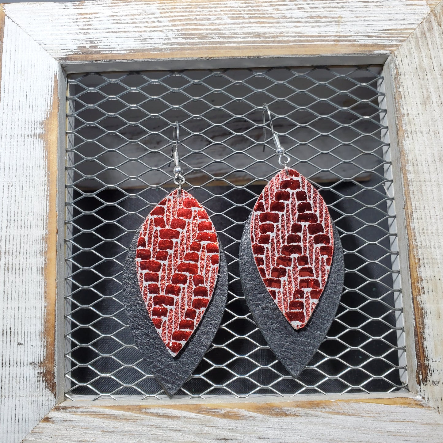 Chevron Metallic Red with Grey Leather Earrings