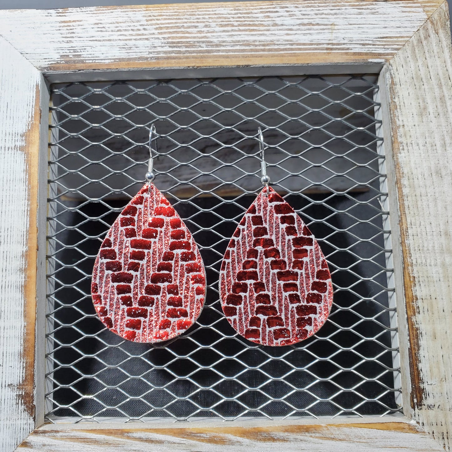 Chevron Metallic Red with Grey Leather Earrings