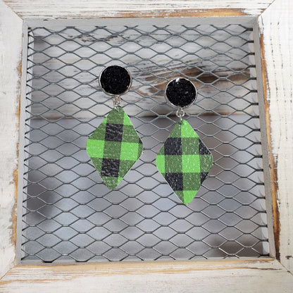 Buffalo Plaid-Green/Black Leather Earrings