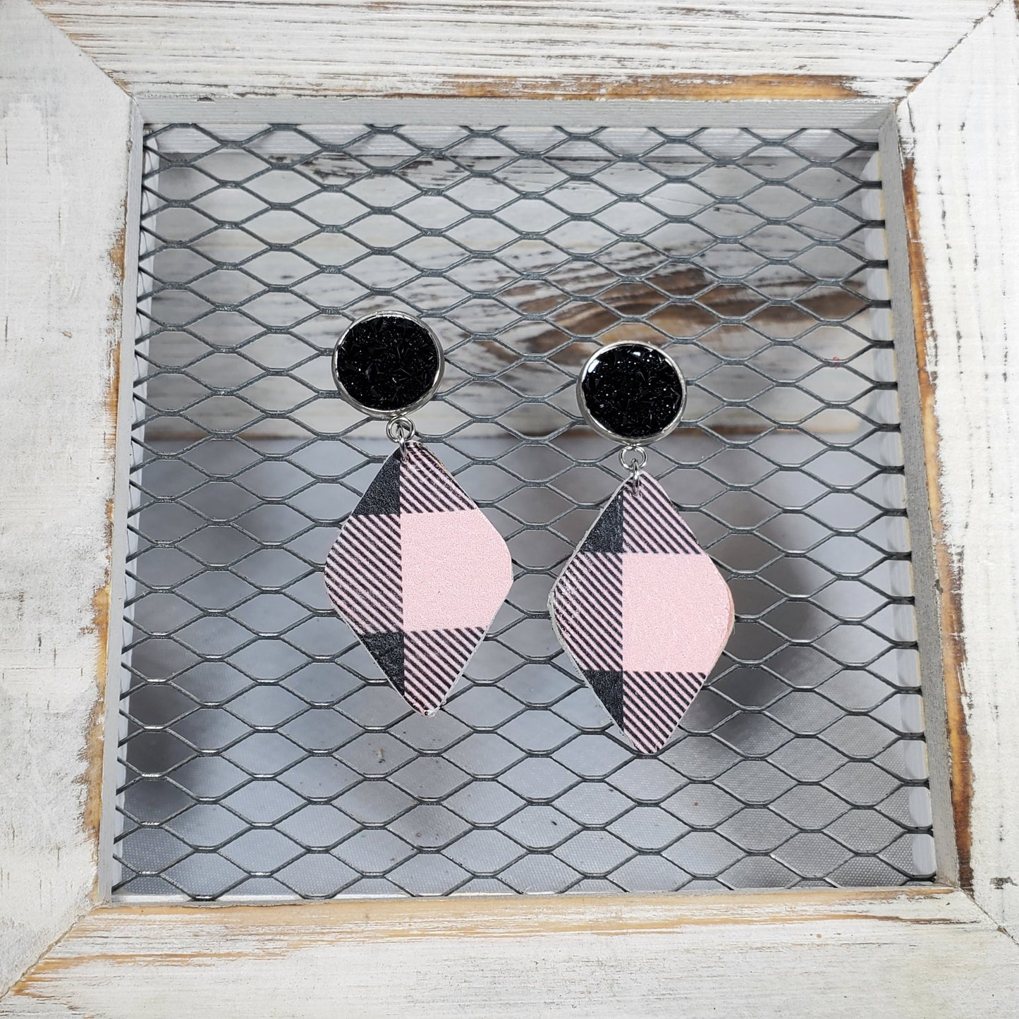 Buffalo Plaid-Pink/Black Leather Earrings