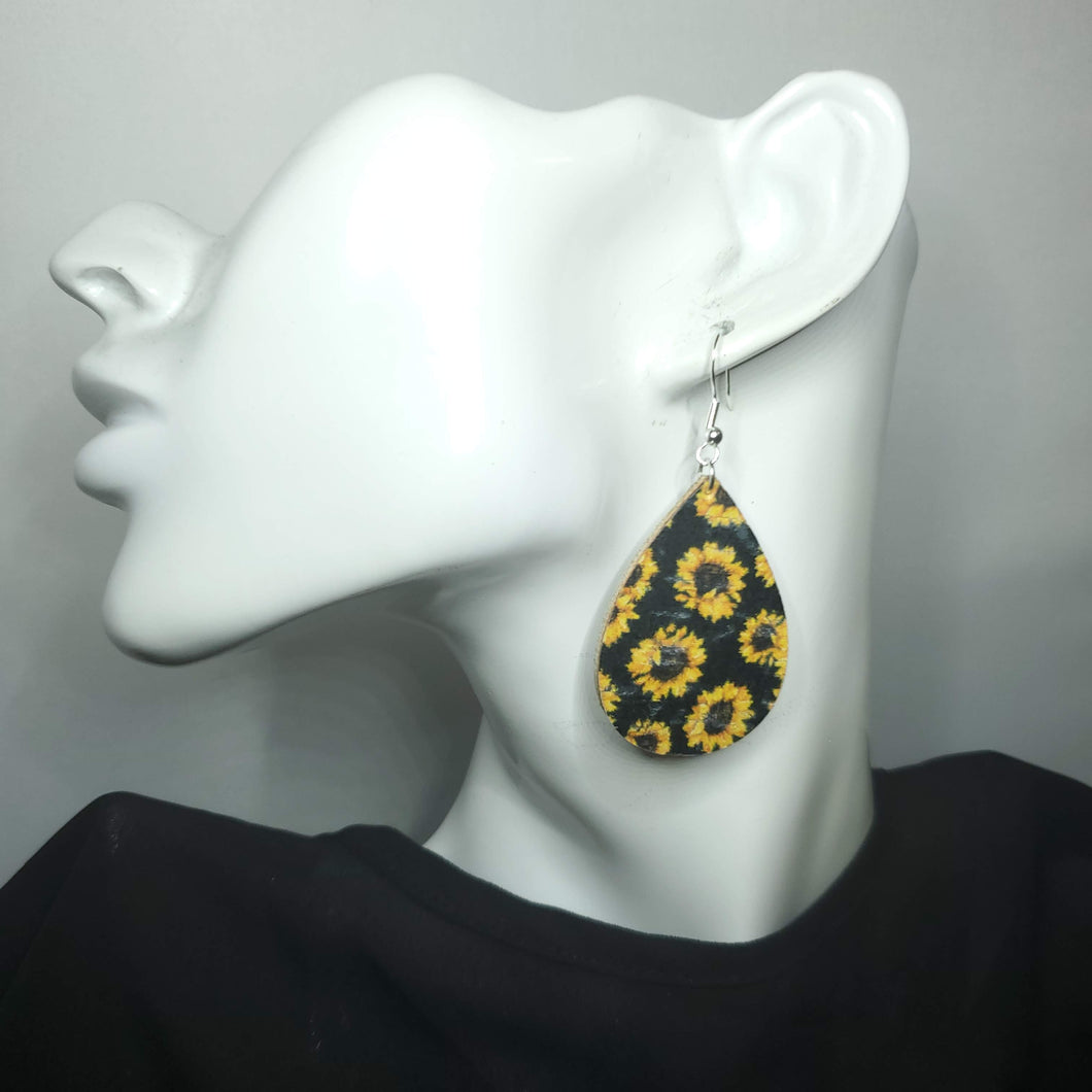 Sunflower on Black Leather Earrings