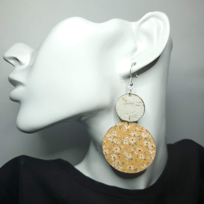 Peach and White Wildflower Cork/Leather Earrings