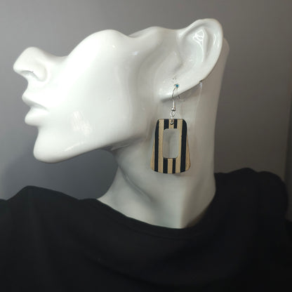 Black Striped Wooden Bell Bottom Earrings