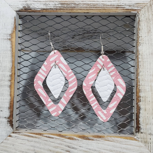 Pink/White Broken Chevron Leather Earrings