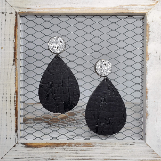 Black Cork/Leather Teardrops with Silver Metallic Druzy Studs