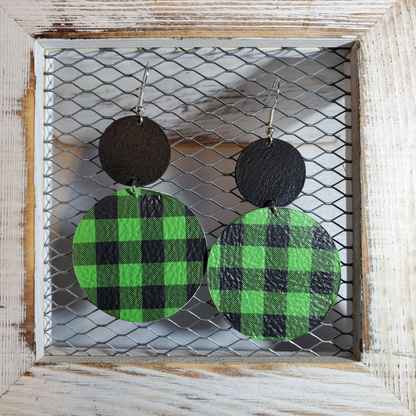 Buffalo Plaid-Green/Black Leather Earrings