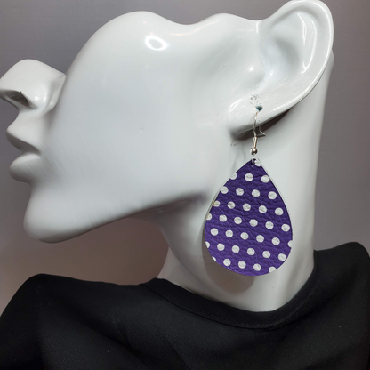White Polka Dots on Purple Leather Earrings