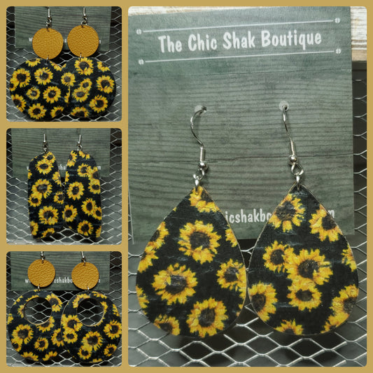 Sunflower on Black Leather Earrings