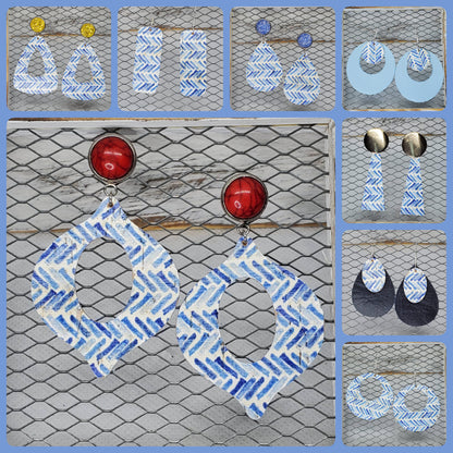 Blue Broken Chevron Cork/Leather Earrings