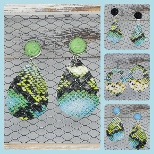 Blue Green Cobra Leather Earrings