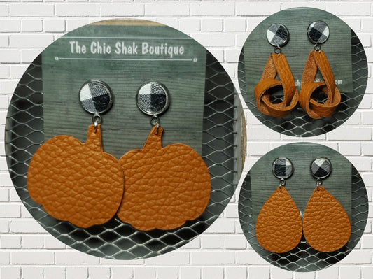 Pumpkin w/Buffalo Plaid Leather Earrings