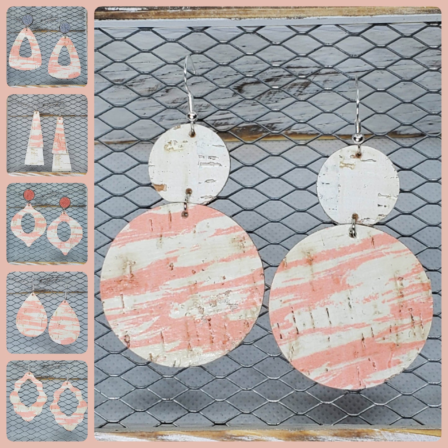 Coral and White Cork/Leather Earrings