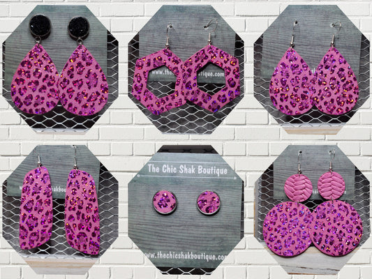 Hot Pink Metallic Leopard Leather Earrings
