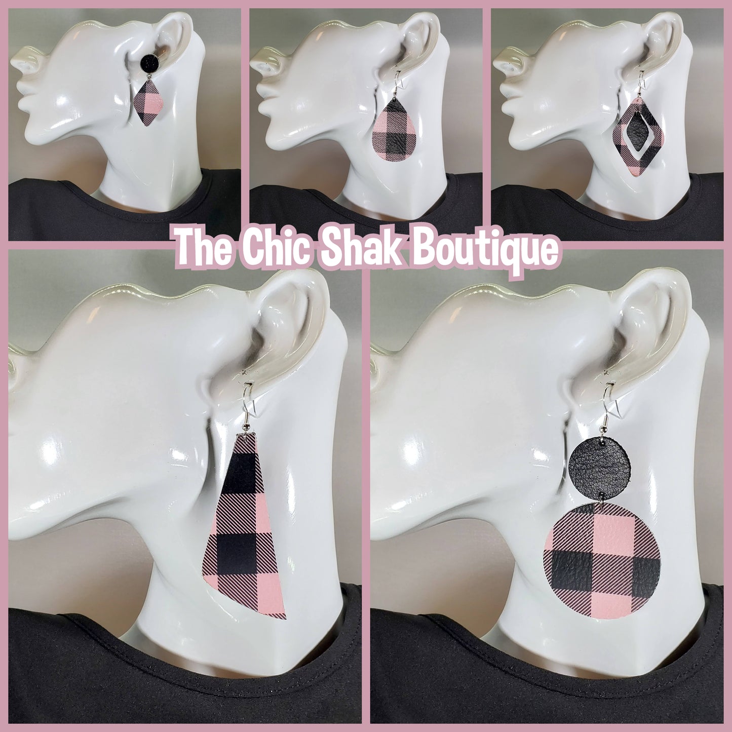 Buffalo Plaid-Pink/Black Leather Earrings