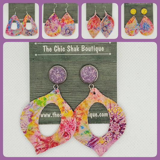 Pink Tie Dye Leather Earrings