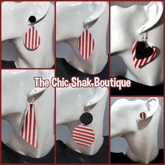 Red/White Stripe Leather Earrings
