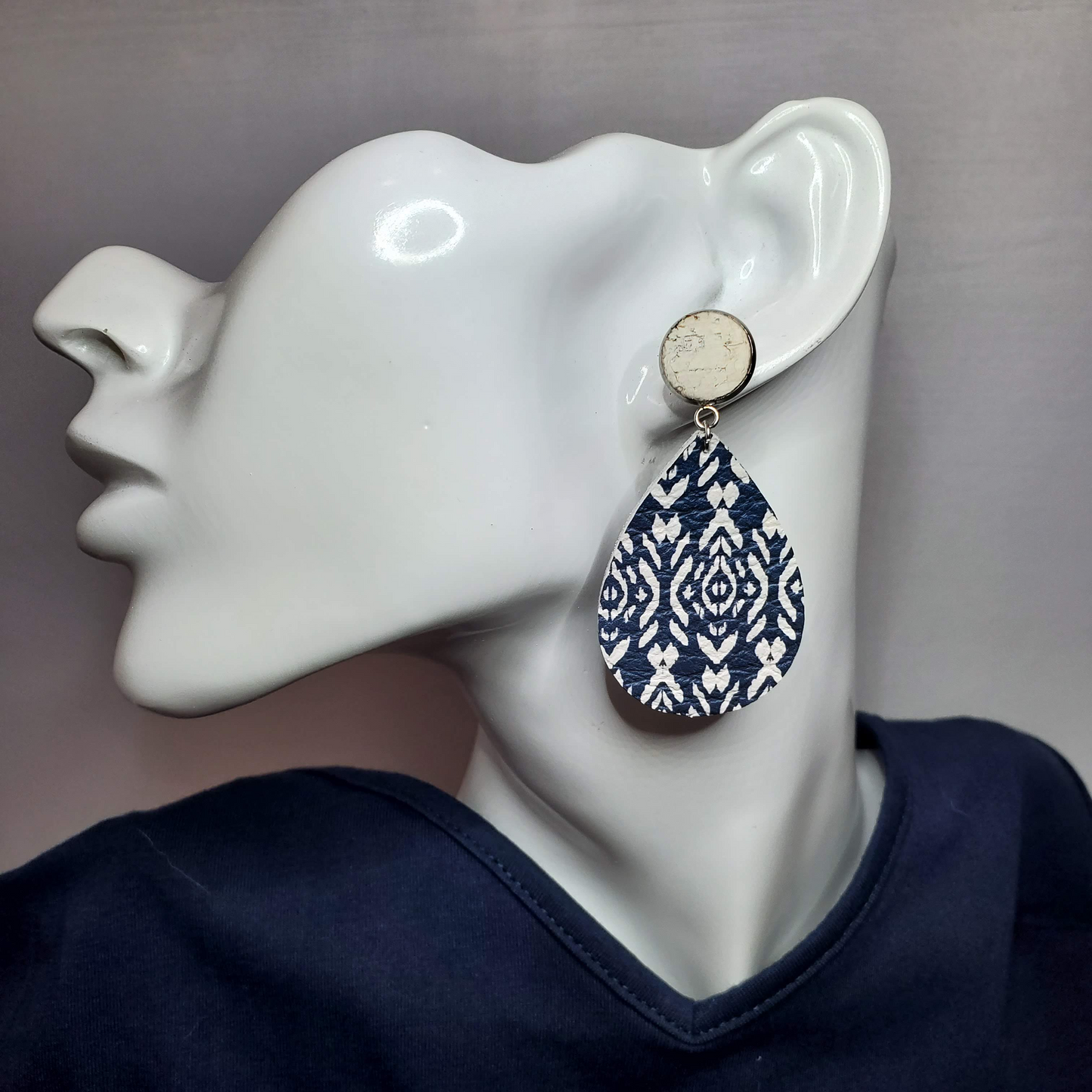 Navy Shibori Boho Leather Earrings