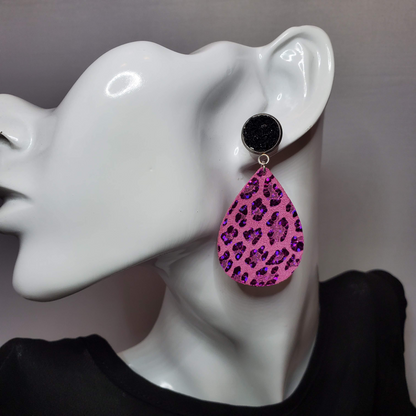 Hot Pink Metallic Leopard Leather Earrings