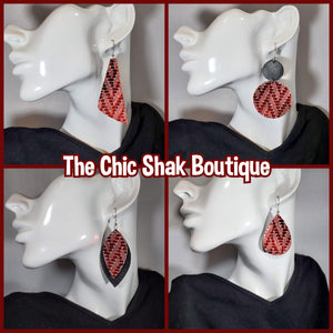 Chevron Metallic Red with Grey Leather Earrings