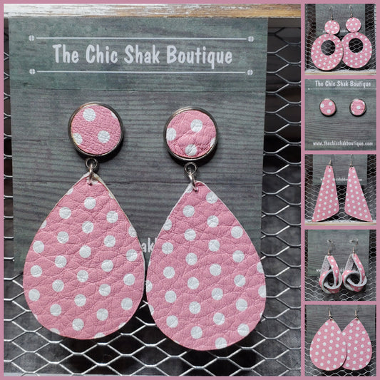 White Polka Dots on Pink Leather Earrings
