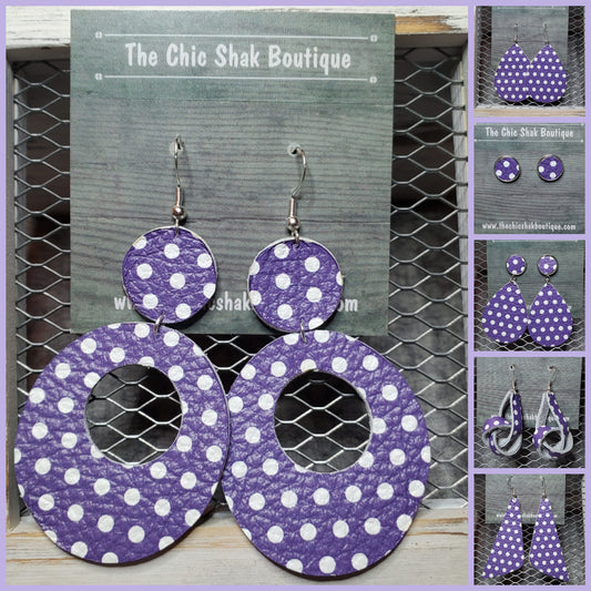 White Polka Dots on Purple Leather Earrings